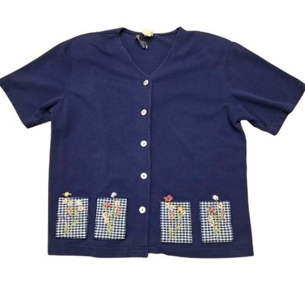 Vintage 90s TEDDI M/L Blue Short Sleeve Button Front‎ Embroidered Floral Gingham